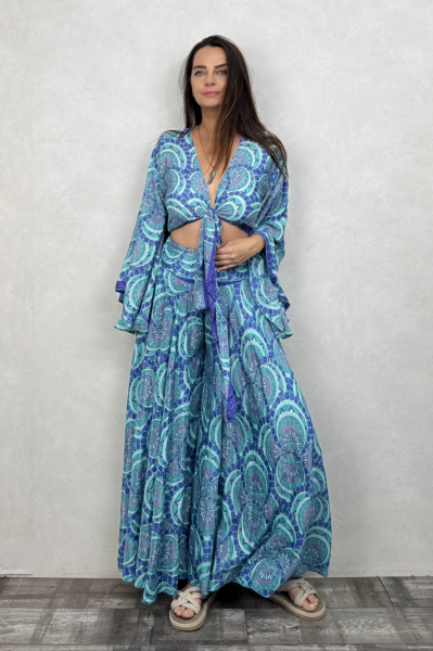 Kimono Kol İpek Bolero Bluz - Mavi Dalga