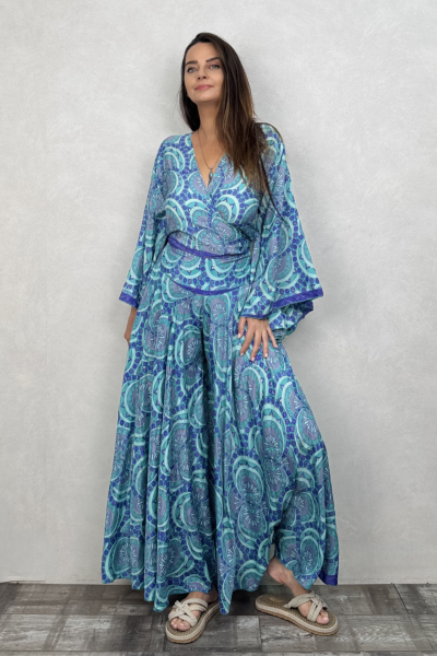 Kimono Kol İpek Bolero Bluz - Mavi Dalga