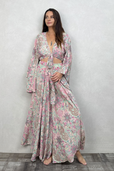 Palermo Kimono Kol İpek Takım - Somon