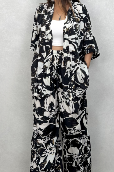 Kybele Kimono Pantolon Takım - Siyah Beyaz