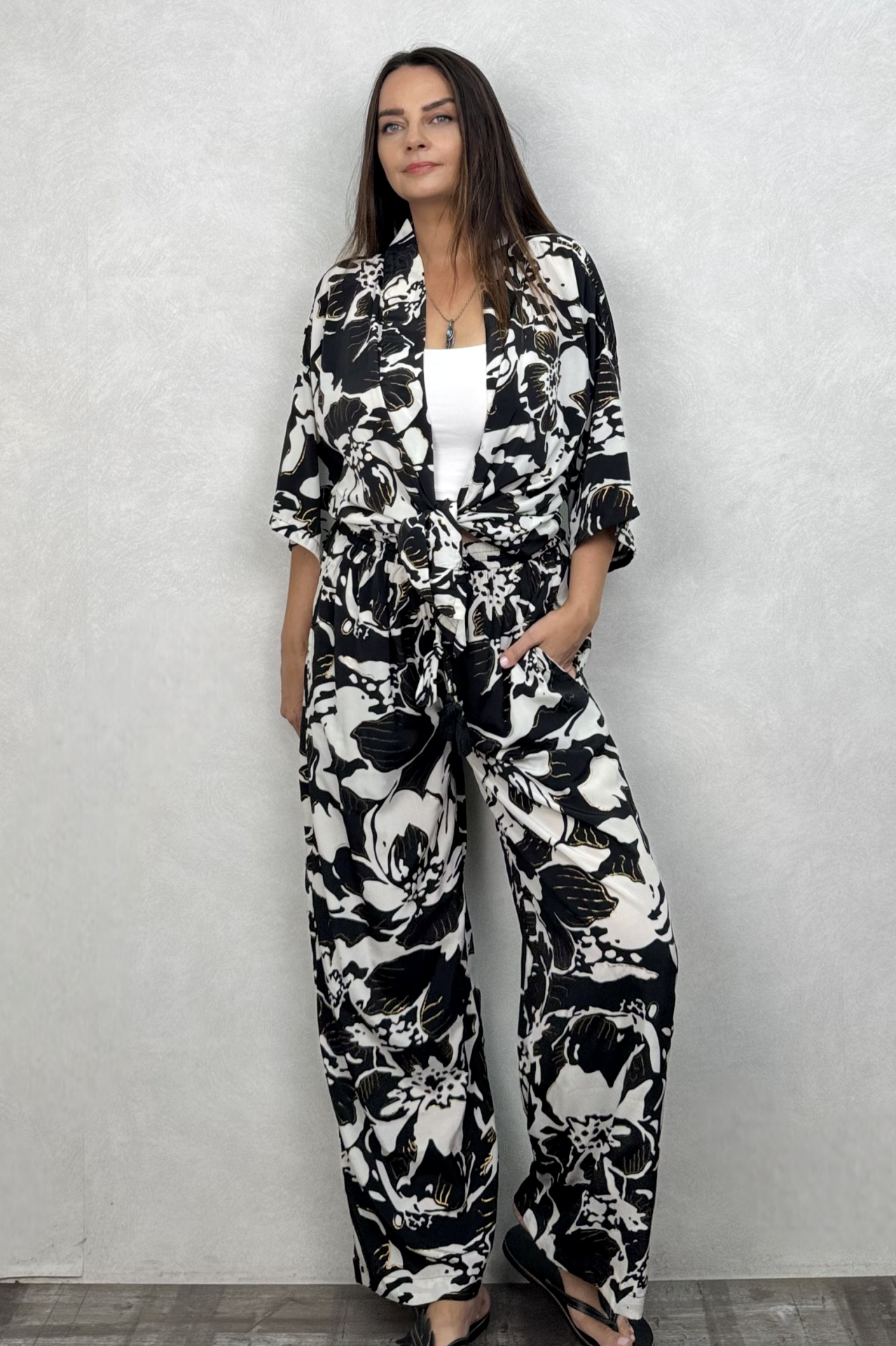 Kybele Kimono Pantolon Takım - Siyah Beyaz