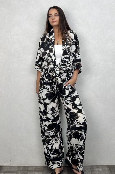 Kybele Kimono Pantolon Takım - Siyah Beyaz