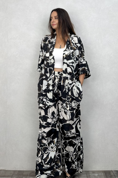 Kybele Kimono Pantolon Takım - Siyah Beyaz