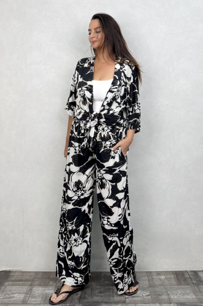 Kybele Kimono Pantolon Takım - Siyah Beyaz