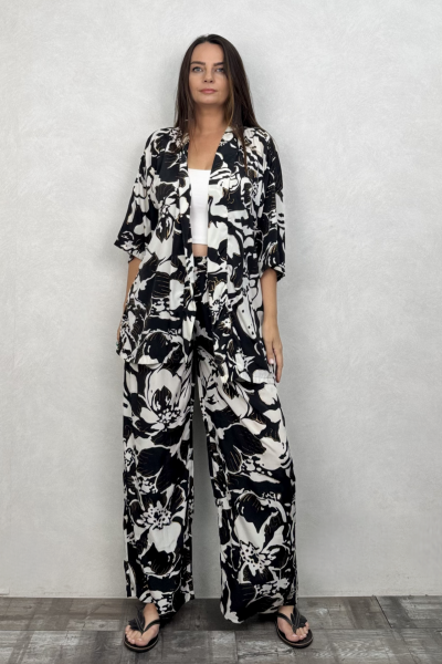Kybele Kimono Pantolon Takım - Siyah Beyaz