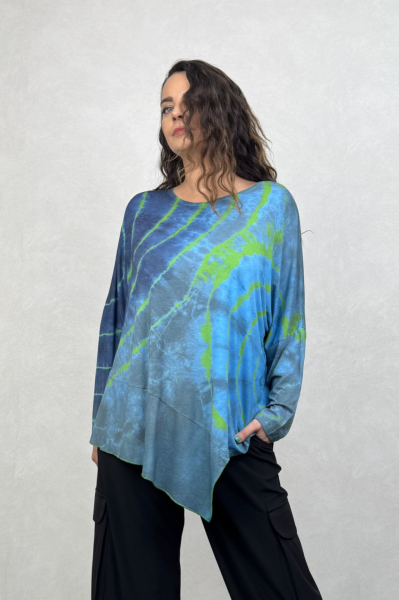 Asimetrik Bluz - Mavi Yeşil Batik