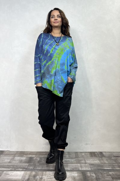 Asimetrik Bluz - Mavi Yeşil Batik