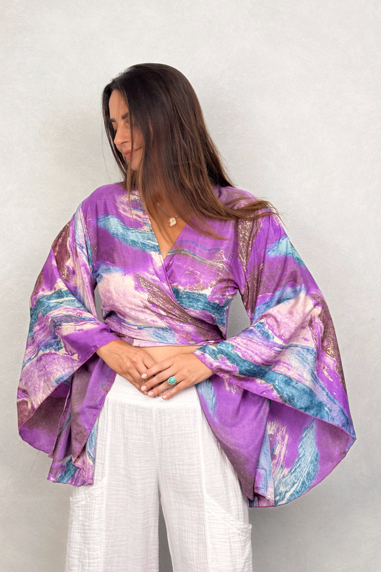 Kimono Kol İpek Bolero Bluz - Mor