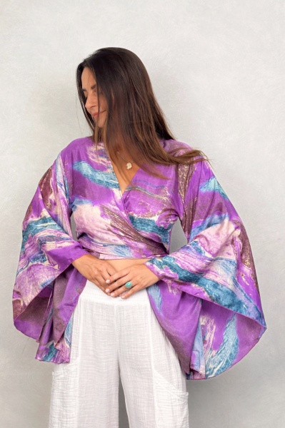 Kimono Kol İpek Bolero Bluz - Mor