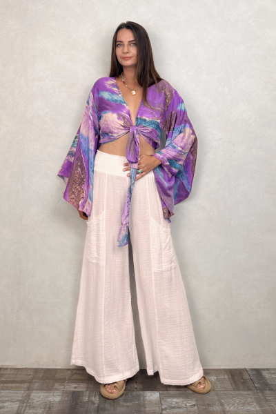 Kimono Kol İpek Bolero Bluz - Mor