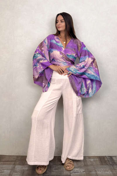 Kimono Kol İpek Bolero Bluz - Mor