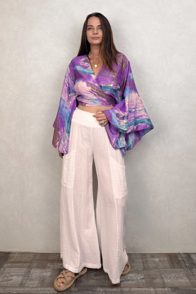 Kimono Kol İpek Bolero Bluz - Mor