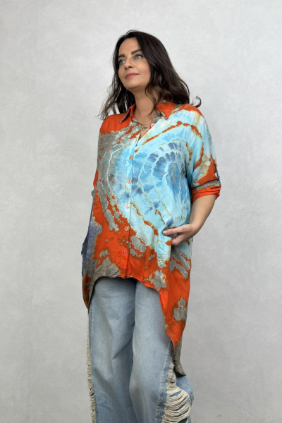 Asimetrik Tasarım Tunik Gömlek - Turuncu Batik
