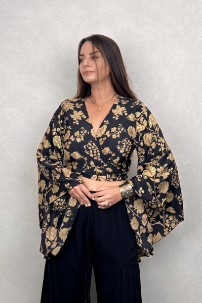 Kimono Kol İpek Bolero Bluz - Siyah Gold