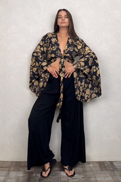 Kimono Kol İpek Bolero Bluz - Siyah Gold