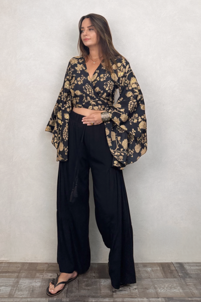 Kimono Kol İpek Bolero Bluz - Siyah Gold