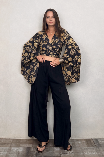 Kimono Kol İpek Bolero Bluz - Siyah Gold