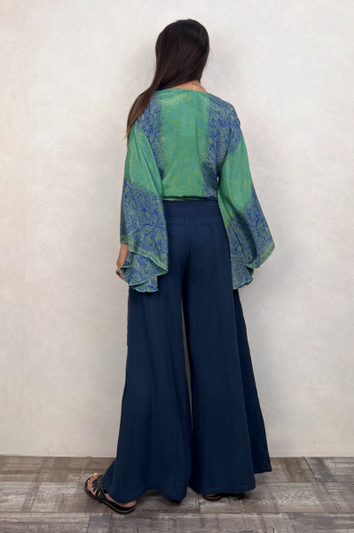Kimono Kol İpek Bolero Bluz - Mavi Yeşil