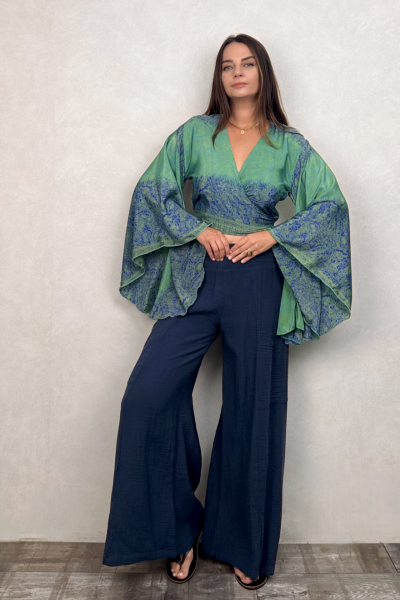 Kimono Kol İpek Bolero Bluz - Mavi Yeşil