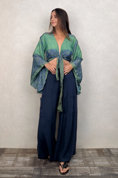 Kimono Kol İpek Bolero Bluz - Mavi Yeşil