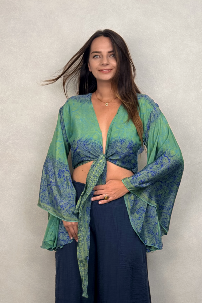 Kimono Kol İpek Bolero Bluz - Mavi Yeşil
