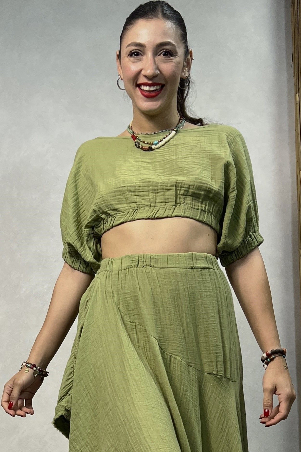 Flora Müslin Bluz Sage Green- Yeşil