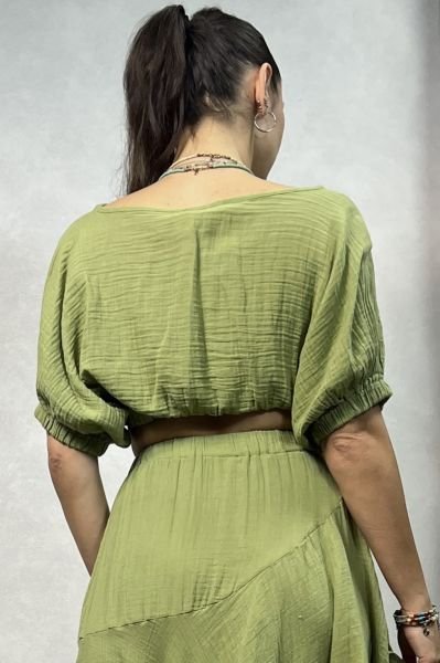 Flora Müslin Bluz Sage Green- Yeşil