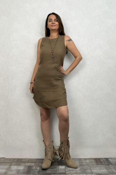 Dolce Keten Elbise - Kahve
