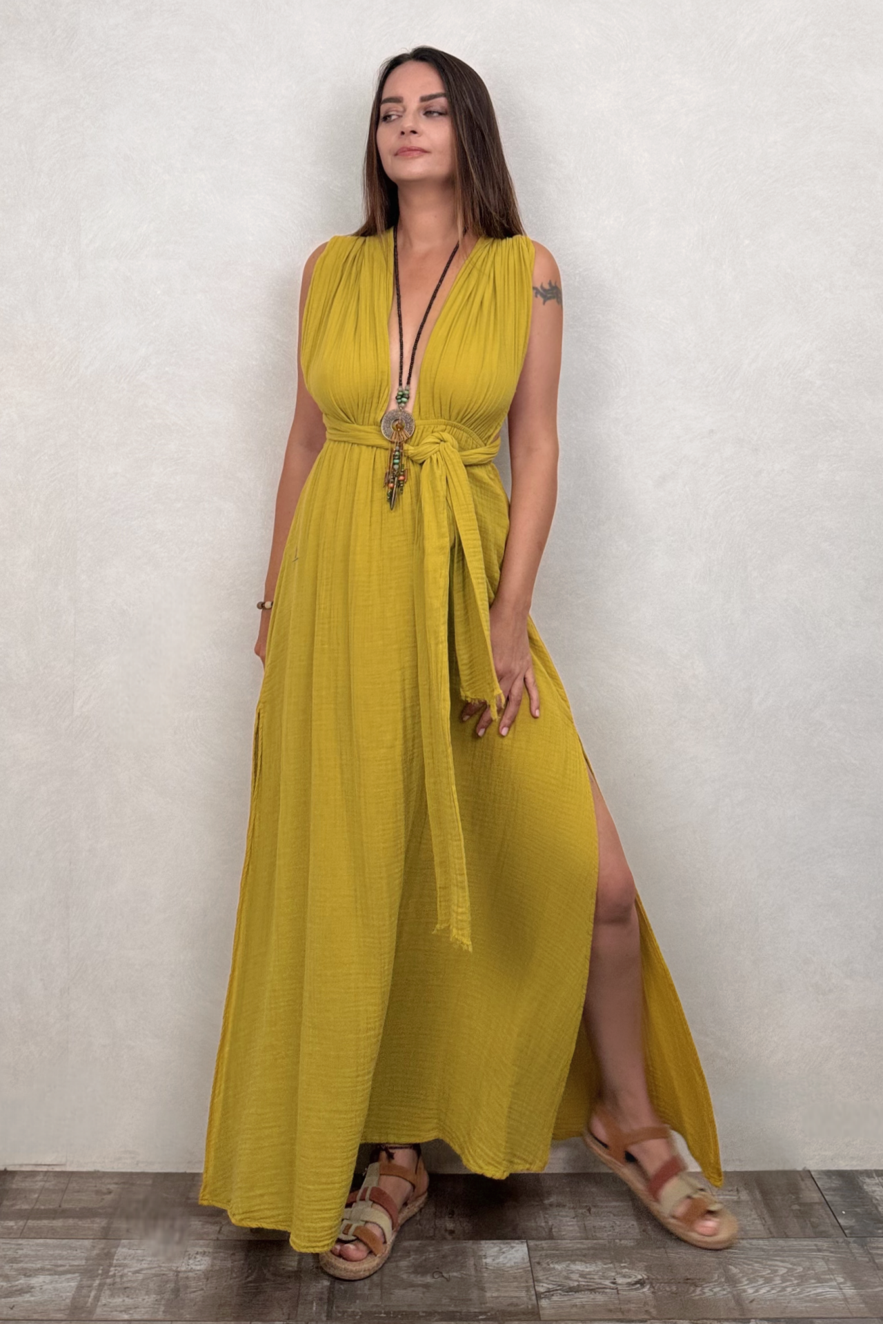 Meis Müslin Elbise Golden Olive - Limon Küfü