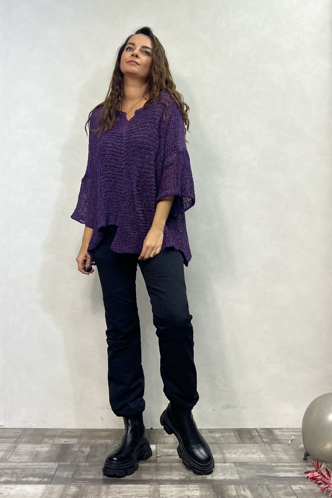 Kayık Yaka Merserize Bluz - Mor