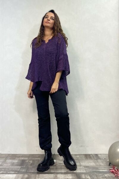 Kayık Yaka Merserize Bluz - Mor
