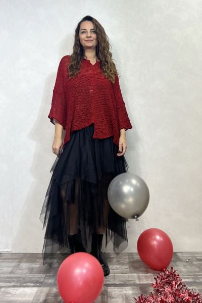 Kayık Yaka Merserize Bluz - Kırmızı