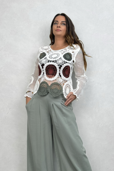 Mandala Desen Dantel Bluz - Beyaz