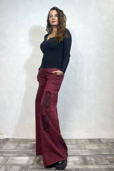 Yama Detaylı Gabardin Pantolon - Bordo