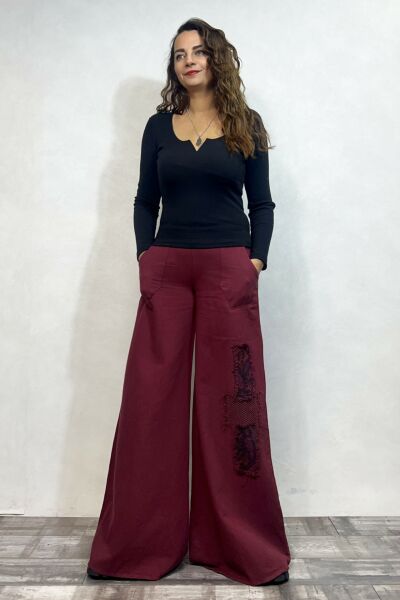Yama Detaylı Gabardin Pantolon - Bordo