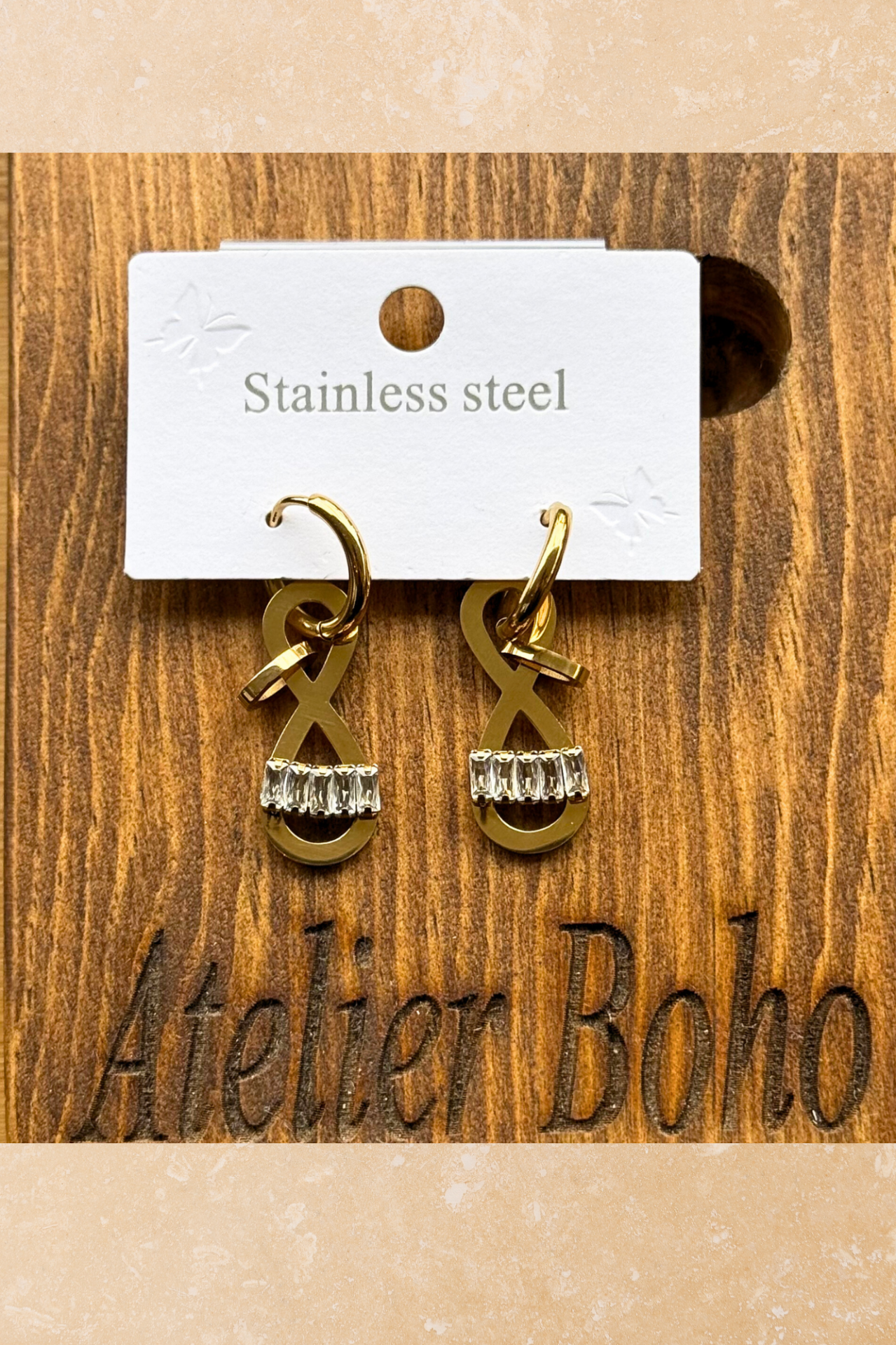 Taşlı Çelik Halka Sallantılı Küpe - Gold