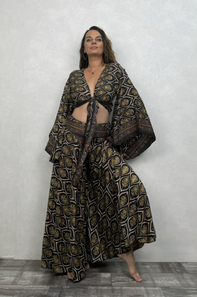 Palermo Kimono Kol İpek Takım - Siyah Gold