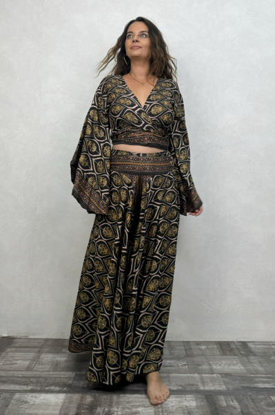 Palermo Kimono Kol İpek Takım - Siyah Gold