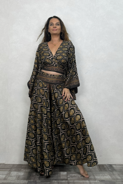 Palermo Kimono Kol İpek Takım - Siyah Gold