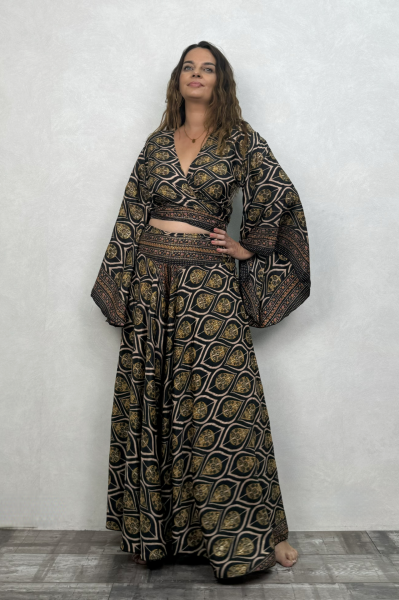 Palermo Kimono Kol İpek Takım - Siyah Gold