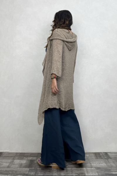 Shaggy Kapşonlu Merserize Hırka - Vizon