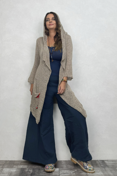 Shaggy Kapşonlu Merserize Hırka - Vizon