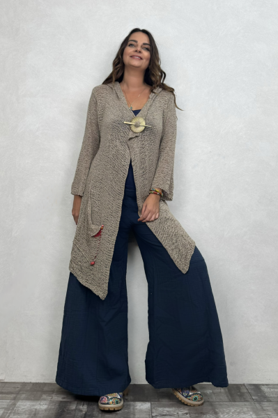 Shaggy Kapşonlu Merserize Hırka - Vizon