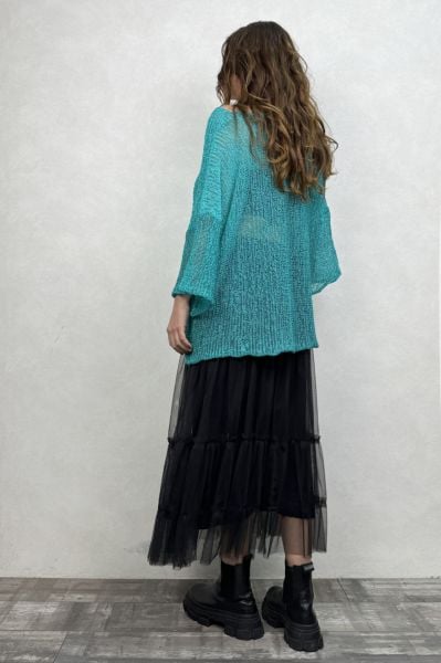 Merserize Bluz ve Tül Etek Kombin - Turkuaz Siyah