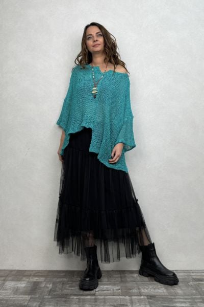 Merserize Bluz ve Tül Etek Kombin - Turkuaz Siyah