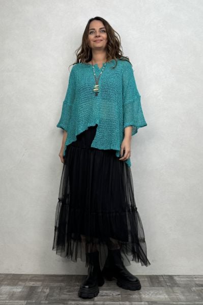 Merserize Bluz ve Tül Etek Kombin - Turkuaz Siyah