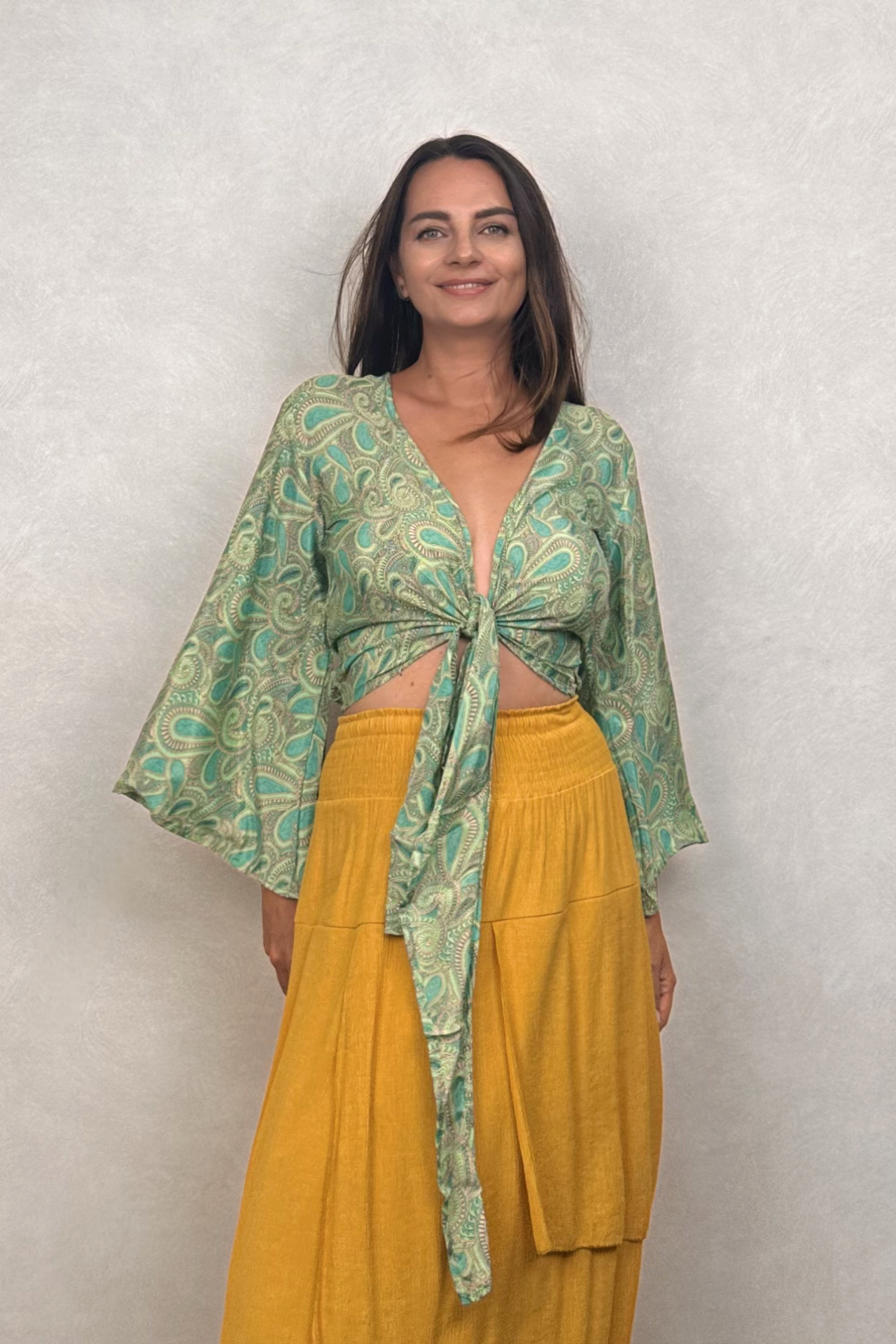 Düz Kol İpek Bolero Bluz - Yeşil Şal