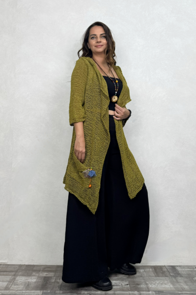 Shaggy Kapşonlu Merserize Hırka - Fıstık Yeşil