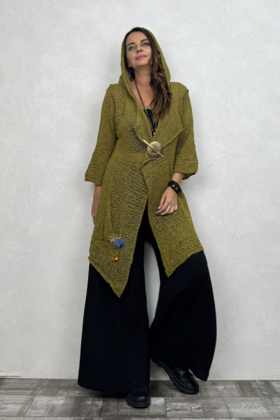 Shaggy Kapşonlu Merserize Hırka - Fıstık Yeşil