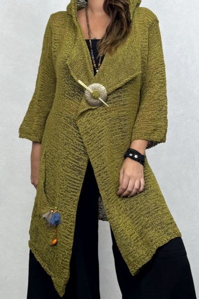 Shaggy Kapşonlu Merserize Hırka - Fıstık Yeşil